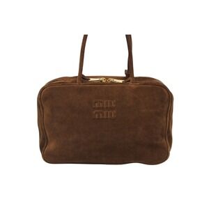 Miu Miu Suede Logo Handbag Bow Brown Embossed Miu